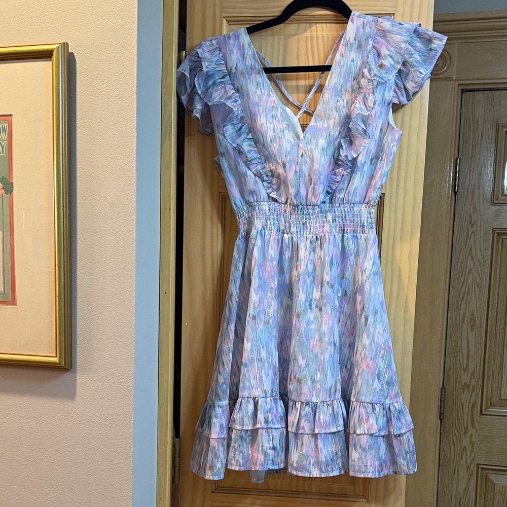Aqua Multicolor Dress with Criss-Cross Back
Size XS.